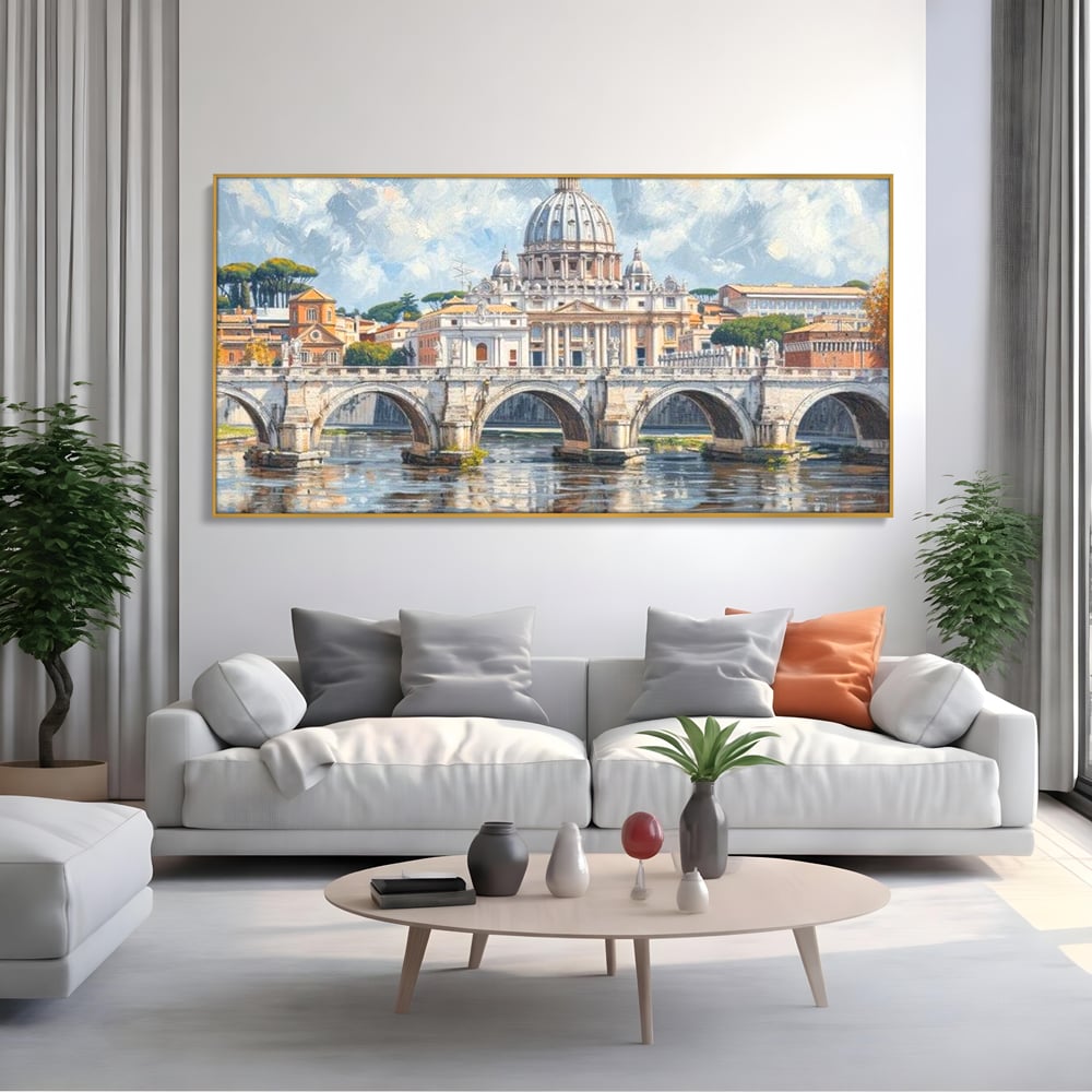 Tablou canvas cu tablou canvas cu podul si cupola vaticanului, in rama de aluminiu auriu, pe perete intr-un living
